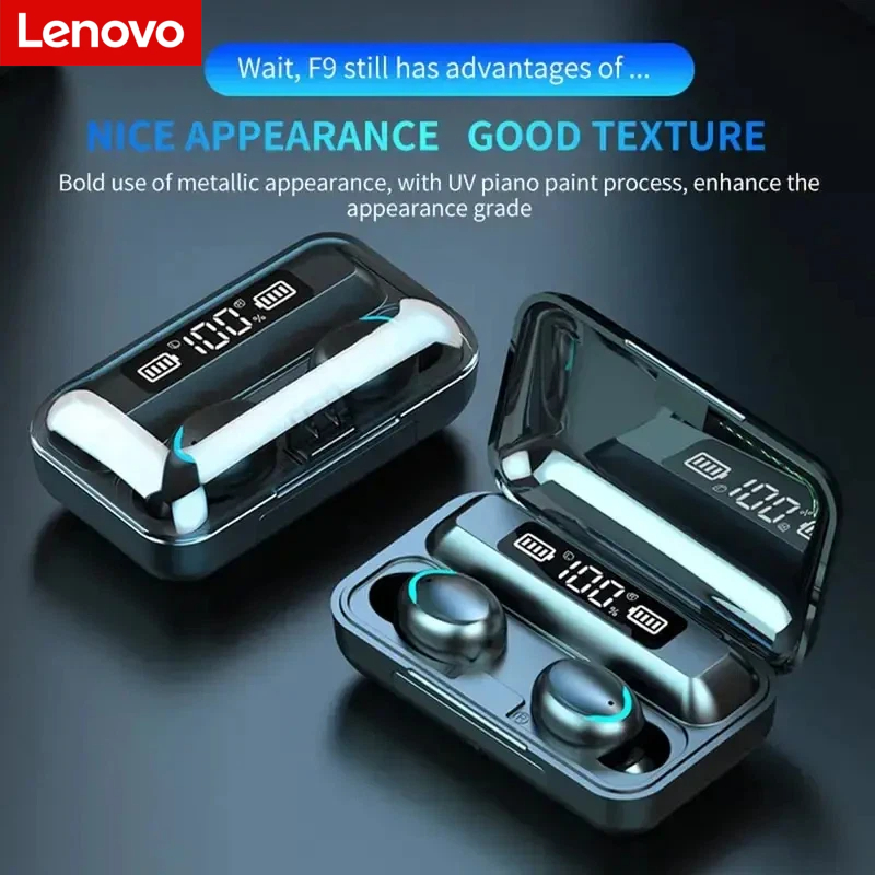 Headphones - Lenovo F9 Bluetooth ワイヤレスヘッドフォン - 大容量充電ケース＆デジタルディスプレイ、長時間バッテリー駆動のゲーム用イヤホン