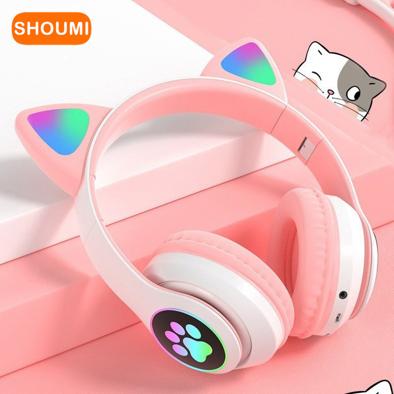 Cat Ear Bluetooth Headset Led - 音楽ヘッドホン,Bluetoothに点滅する猫の耳,マイク付きワイヤレスヘッドセット,Tf,子供,女の子,ステレオ,理想的なギフト