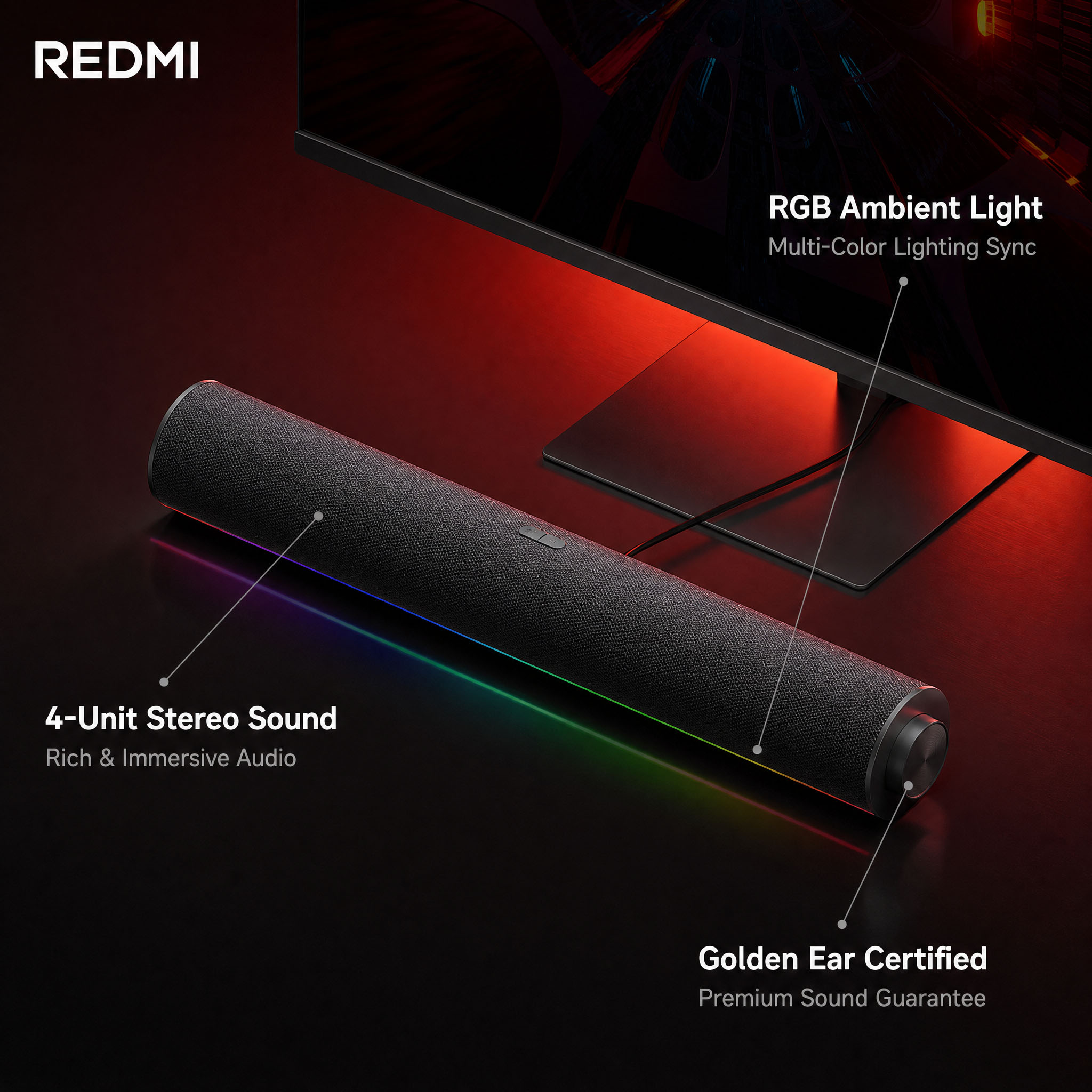 Rgb Computer Soundbar For Pc - オリジナル Xiaomi Redmi PCスピーカー、有線USB接続、ゲーミングサウンドバー、RGB搭載、デスクトップ用、4ユニットステレオサウンド、Golden Ear認証済み。