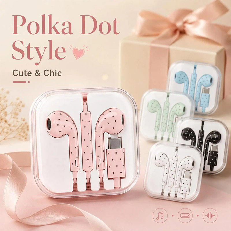 Type C Wired Earphones With Mic - かわいい水玉模様のType-C有線イヤホン。マイク付きで、iPhone、Xiaomi、Samsungに対応。新しい有線イヤホン。