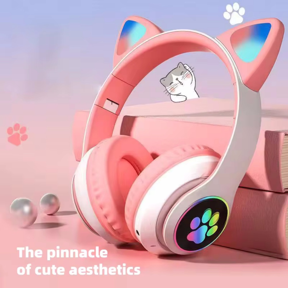 Cat Ear Bluetooth Headset Led - かわいい猫耳ワイヤレスヘッドセット子供女の子用 LED Bluetooth 対応ステレオ折りたたみスポーツヘッドセットマイク付き