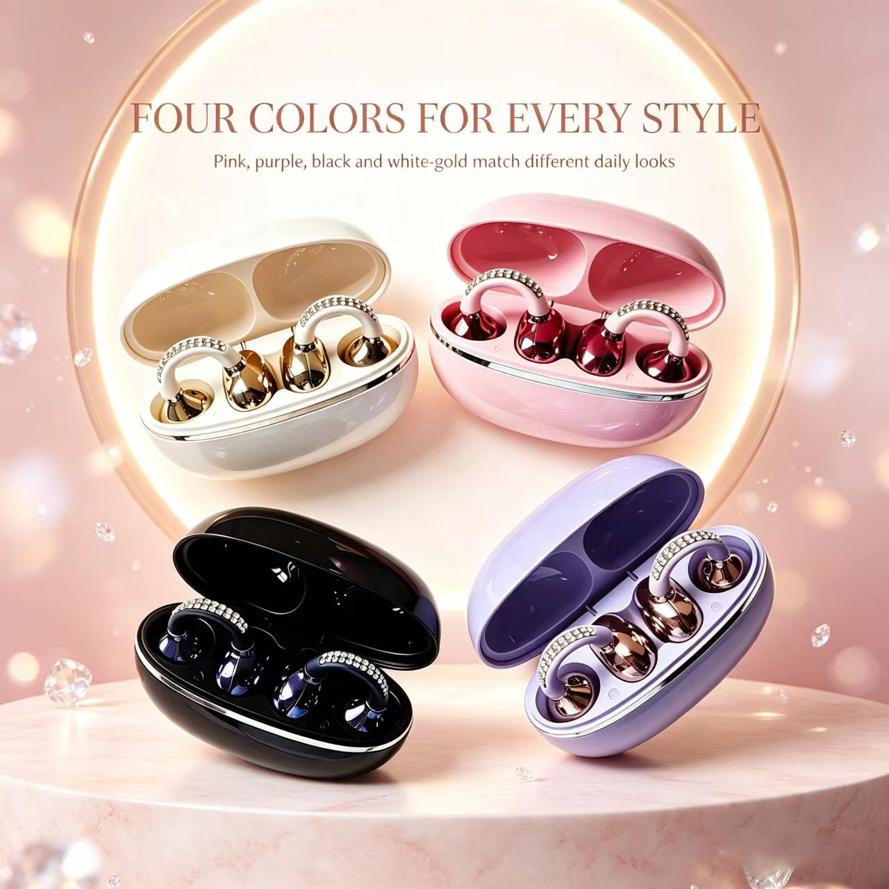 ラインストーン付きオープンイヤークリップワイヤレスイヤホン  - Open Ear Air Conduction Headphones のレビューと価格