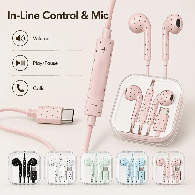 かわいい水玉模様のType-C有線イヤホン。マイク付きで、i - Type C Wired Earphones With Mic のレビューと価格
