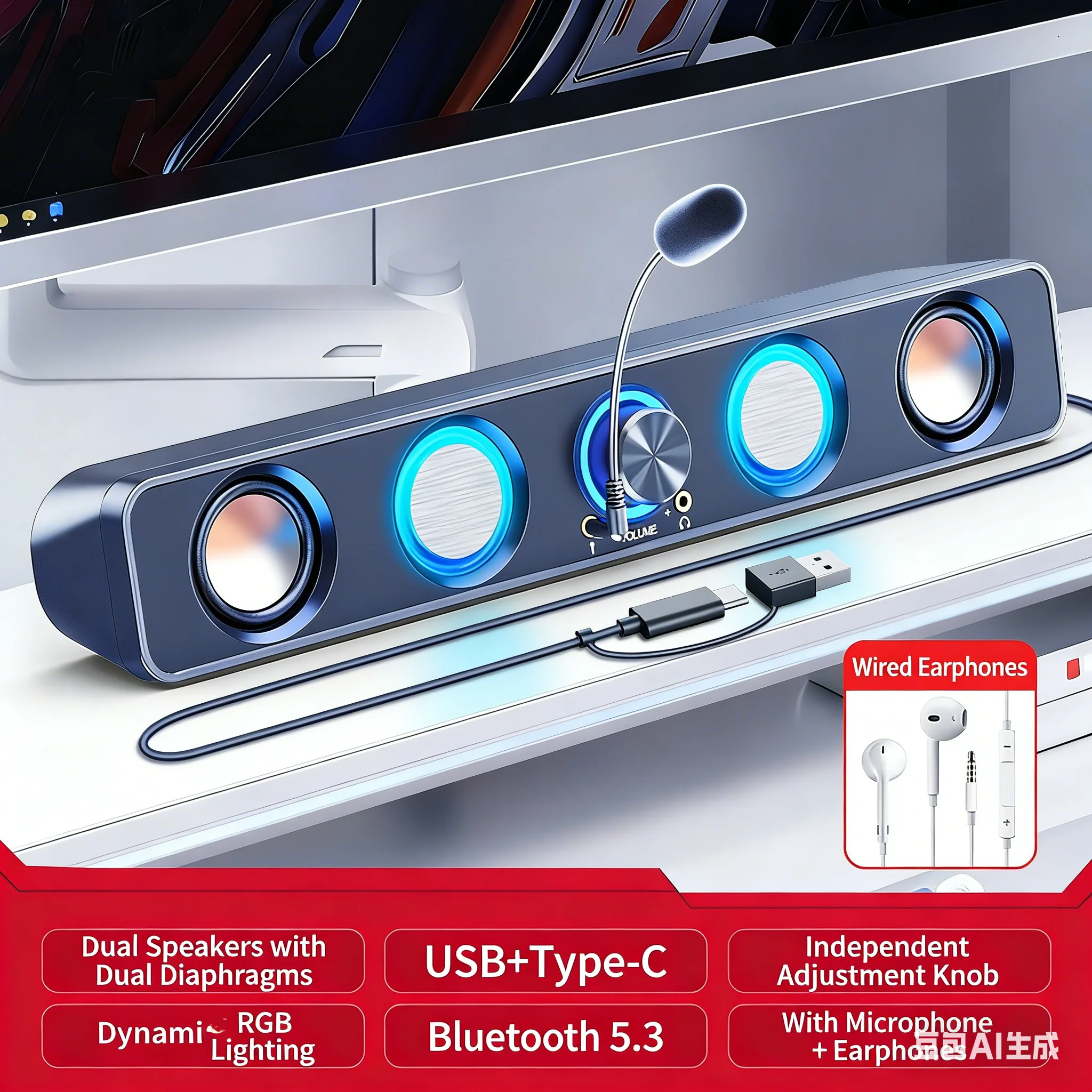 RGB ゲーミングサウンドバー 2.0 サラウンドサウンド取 - Rgb Computer Soundbar For Pc のレビューと価格